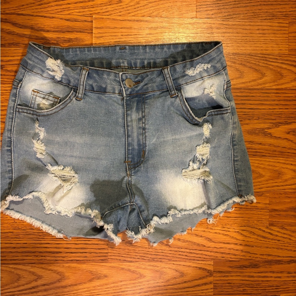 SHEIN Blue Distressed Jean Shorts with Frayed Hem